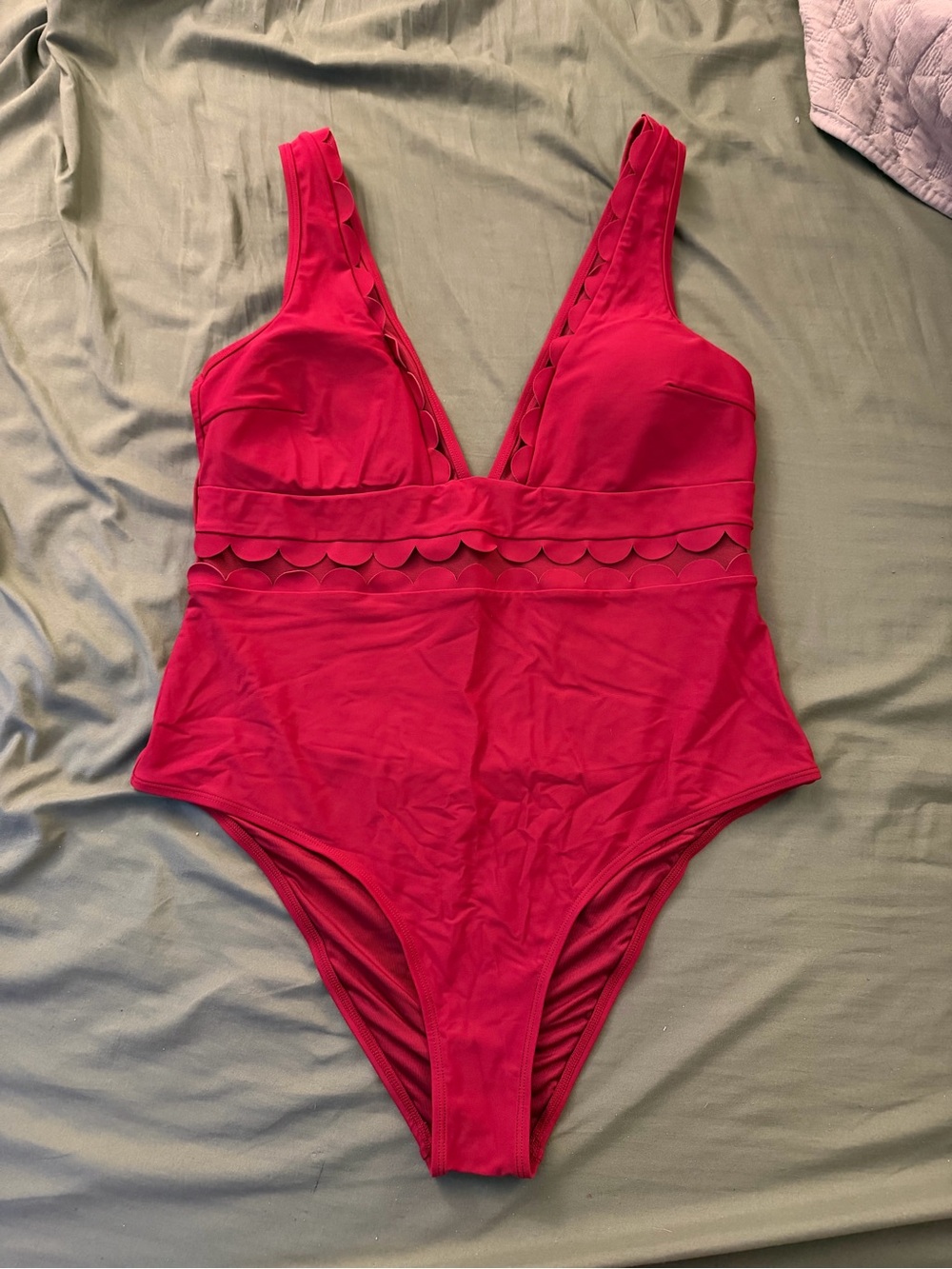 Deep V Red One-Piece Swimsuit with Scalloped Trim